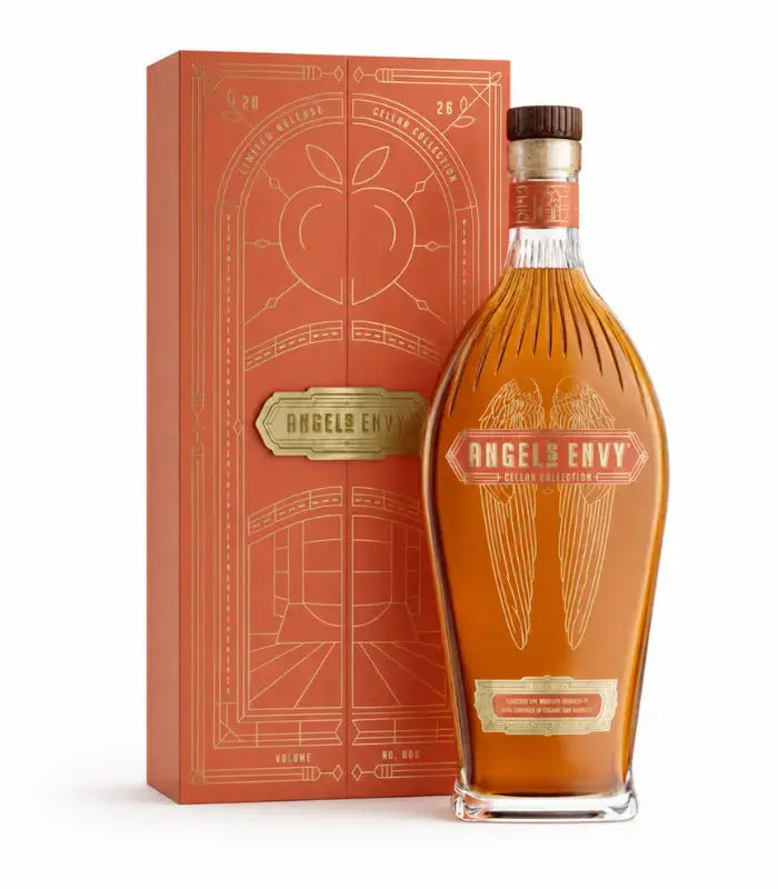 Angel's Envy Cellar Collection Volume 6 2026 Peach Brandy Rye 750ml bottle with its matching orange collector gift box