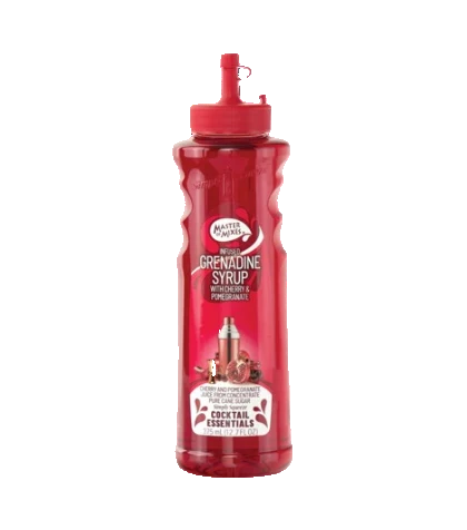 Master of Mixes Cherry Pomegranate Grenadine 375ml: original 3JMS bottle photograph, label preserved and background removed