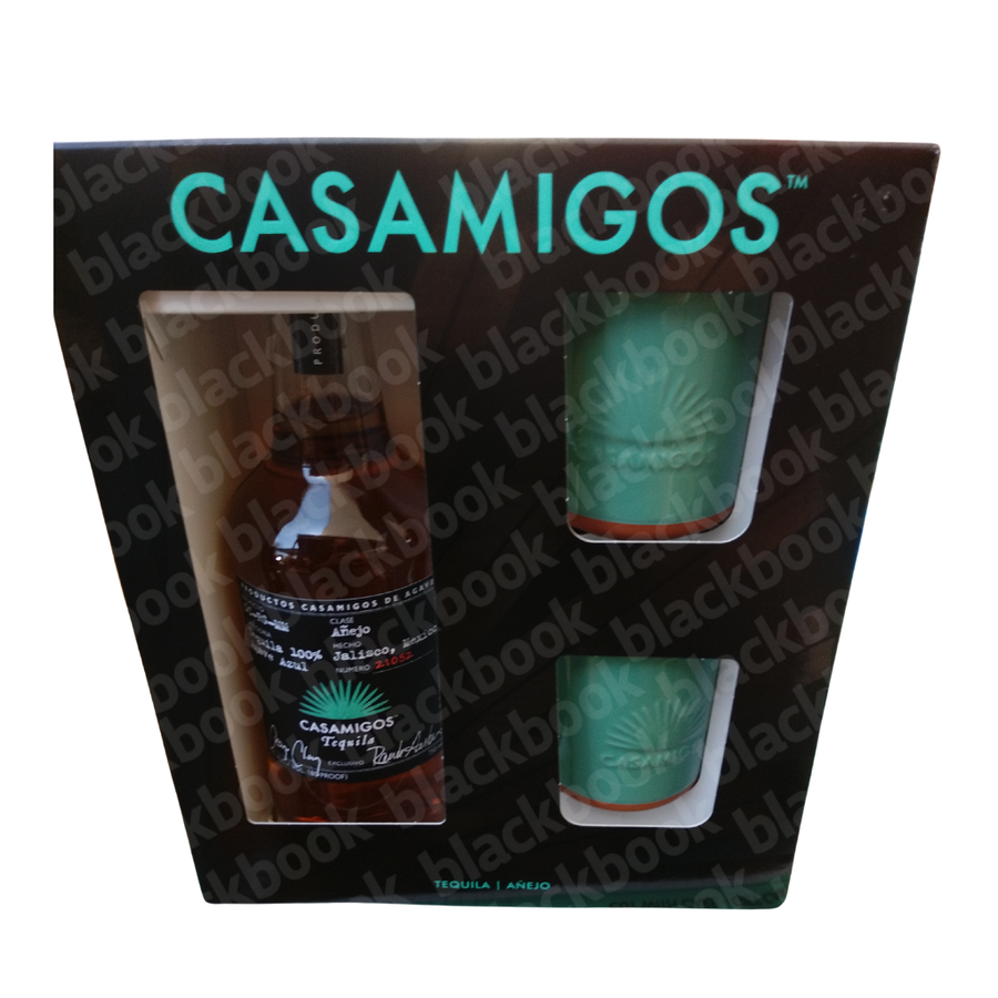 Casamigos Añejo Gift Set 750ml with two branded glasses – 100% Blue Weber agave añejo tequila – buy online at blackbook