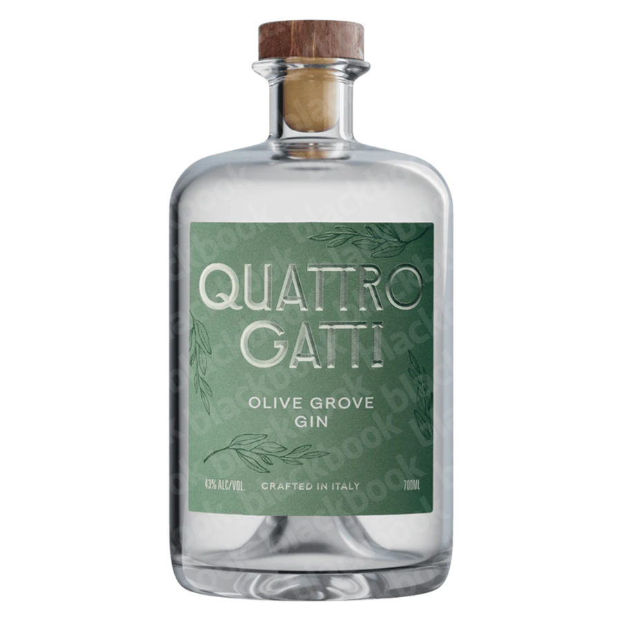 Quattro Gatti Olive Grove Gin 700ml bottle – premium Italian gin infused with olives, citrus, and herbs – buy online at blackbook
