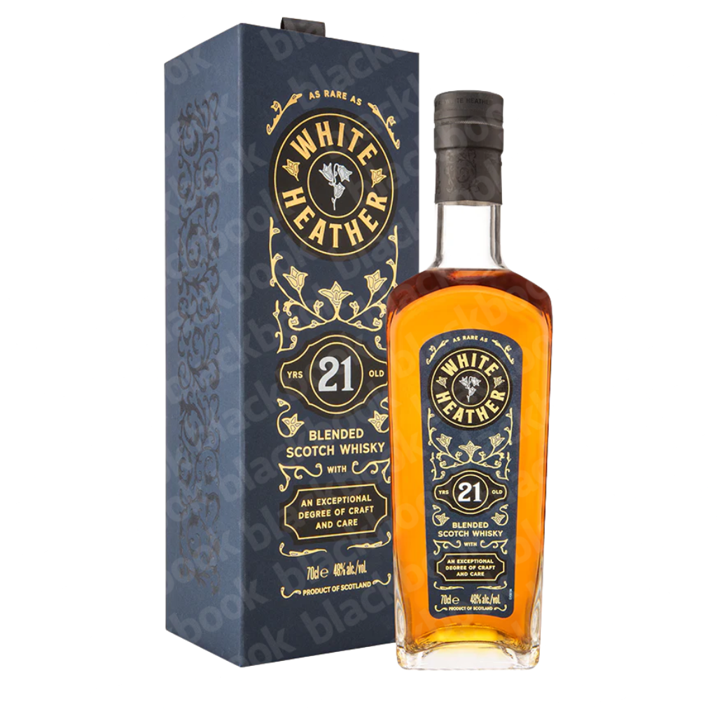 White Heather Blended Scotch Whisky 21 Year 700ml bottle – rich sherried blend with subtle smoke – available at blackbook